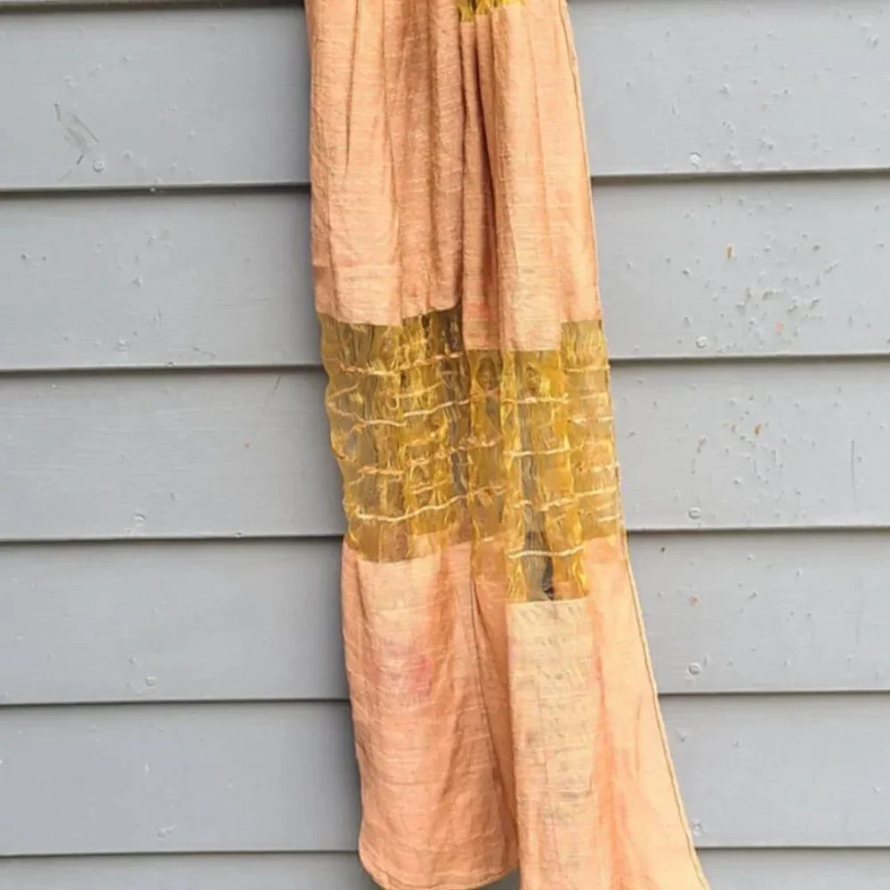 Raw Silk Feel Brown Scarf with Flowers